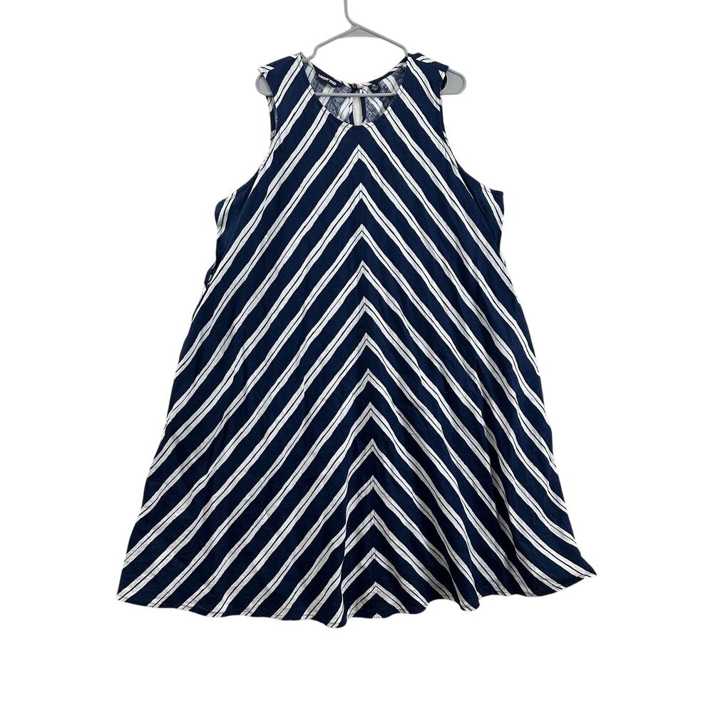 Lands' End Navy Stripe Linen Dress 2X Pockets Coastal Nautical